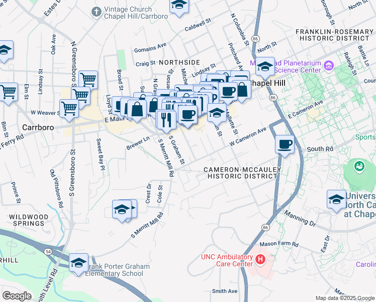 map of restaurants, bars, coffee shops, grocery stores, and more near 122 South Roberson Street in Chapel Hill