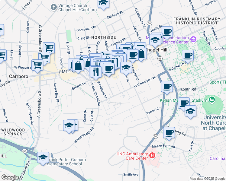 map of restaurants, bars, coffee shops, grocery stores, and more near 129 South Roberson Street in Chapel Hill