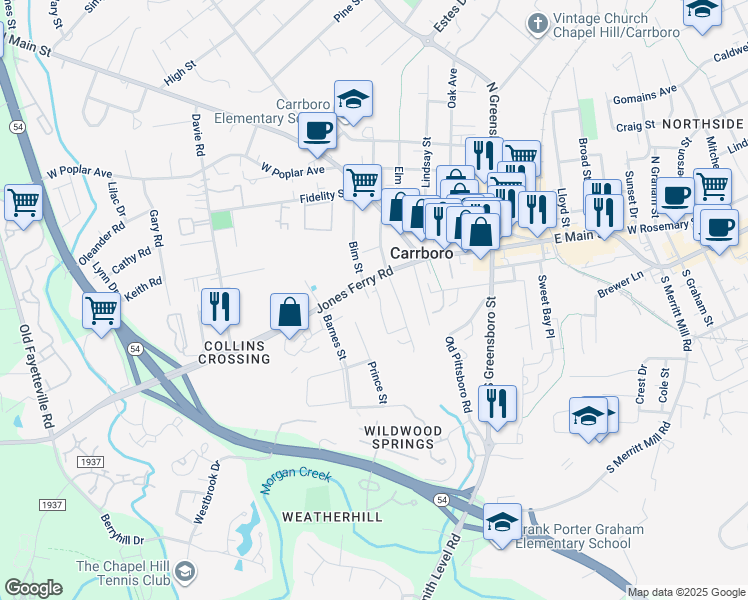 map of restaurants, bars, coffee shops, grocery stores, and more near 209 Jones Ferry Road in Carrboro