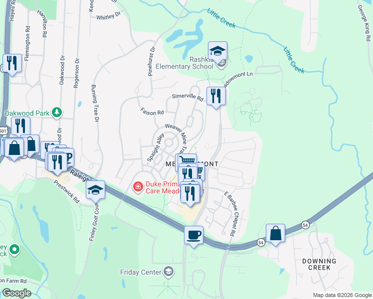 map of restaurants, bars, coffee shops, grocery stores, and more near 208 Weaver Mine Trail in Chapel Hill