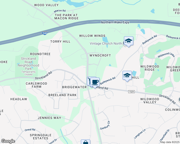 map of restaurants, bars, coffee shops, grocery stores, and more near 9100 Ray Road in Raleigh