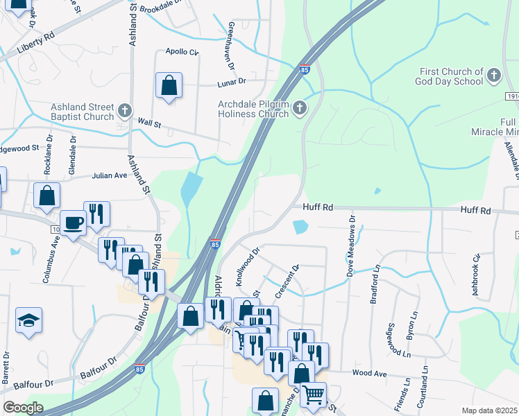 map of restaurants, bars, coffee shops, grocery stores, and more near 303 Aldridge Road in Archdale