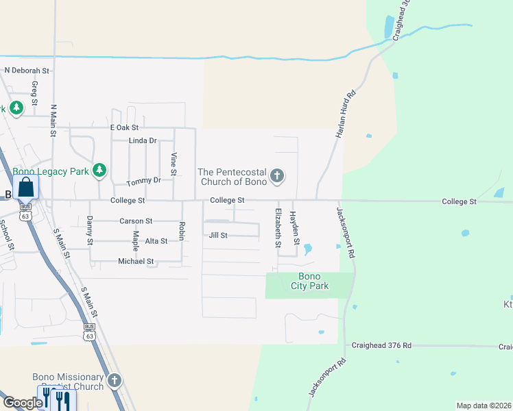 map of restaurants, bars, coffee shops, grocery stores, and more near 514 Jason Circle in Bono