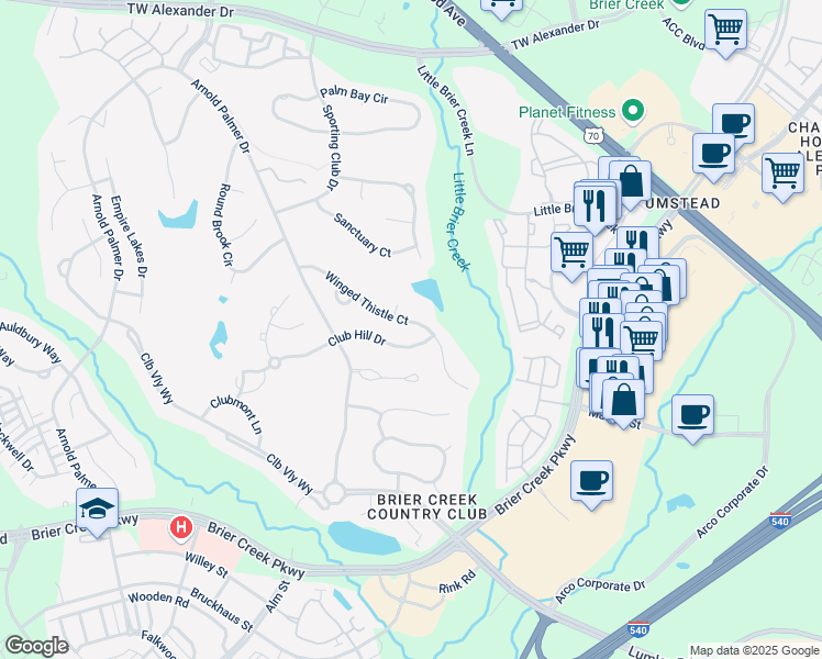 map of restaurants, bars, coffee shops, grocery stores, and more near 9001 Winged Thistle Court in Raleigh