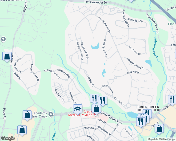 map of restaurants, bars, coffee shops, grocery stores, and more near 9564 Club Valley Way in Raleigh
