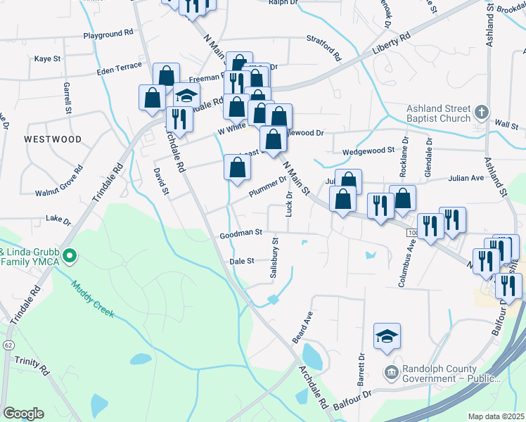 map of restaurants, bars, coffee shops, grocery stores, and more near 3706 Hudson Street in Archdale