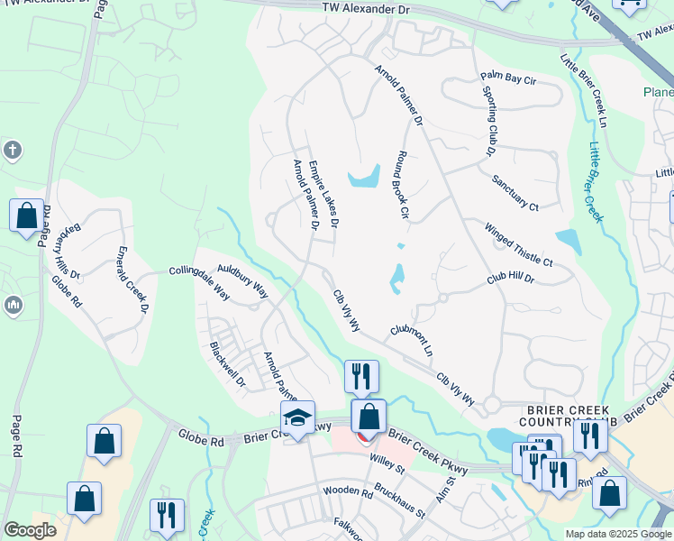 map of restaurants, bars, coffee shops, grocery stores, and more near 9564 Club Valley Way in Raleigh
