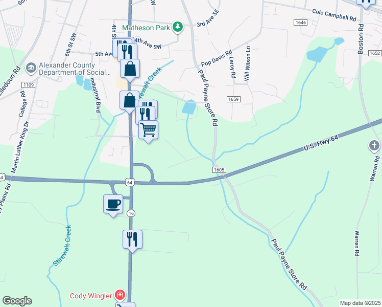 map of restaurants, bars, coffee shops, grocery stores, and more near 1168 Paul Payne Store Road in Taylorsville