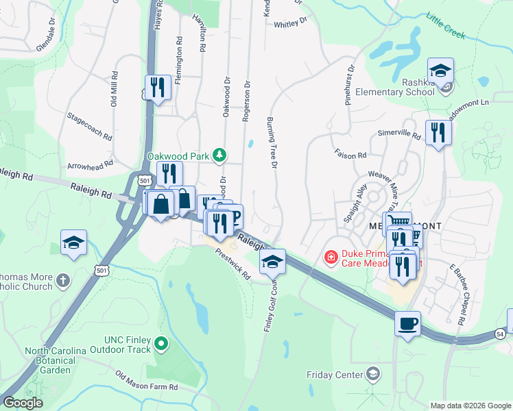 map of restaurants, bars, coffee shops, grocery stores, and more near 806 Oak Tree Drive in Chapel Hill