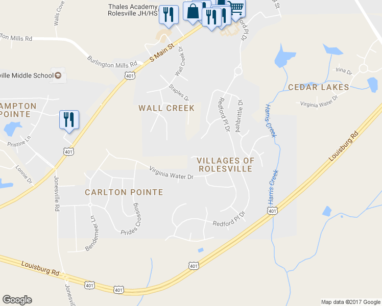 map of restaurants, bars, coffee shops, grocery stores, and more near 397 Peaslake Court in Rolesville