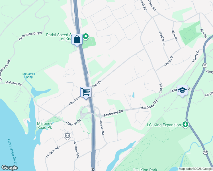 map of restaurants, bars, coffee shops, grocery stores, and more near 3309 South Circle Southwest in Knoxville