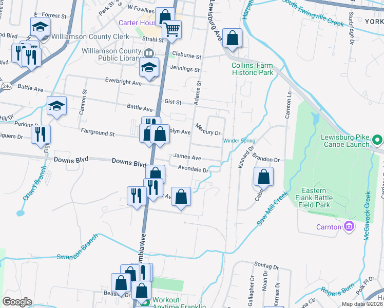 map of restaurants, bars, coffee shops, grocery stores, and more near 301 James Avenue in Franklin