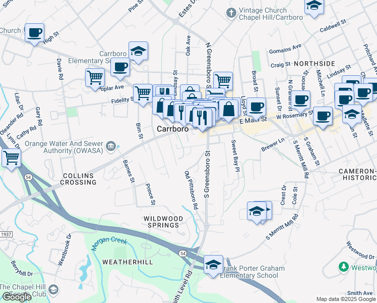 map of restaurants, bars, coffee shops, grocery stores, and more near 115 West Carr Street in Chapel Hill