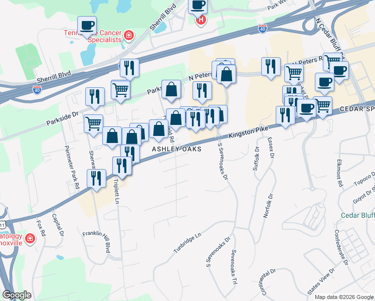 map of restaurants, bars, coffee shops, grocery stores, and more near 9523 Hidden Oak Way, in Knoxville