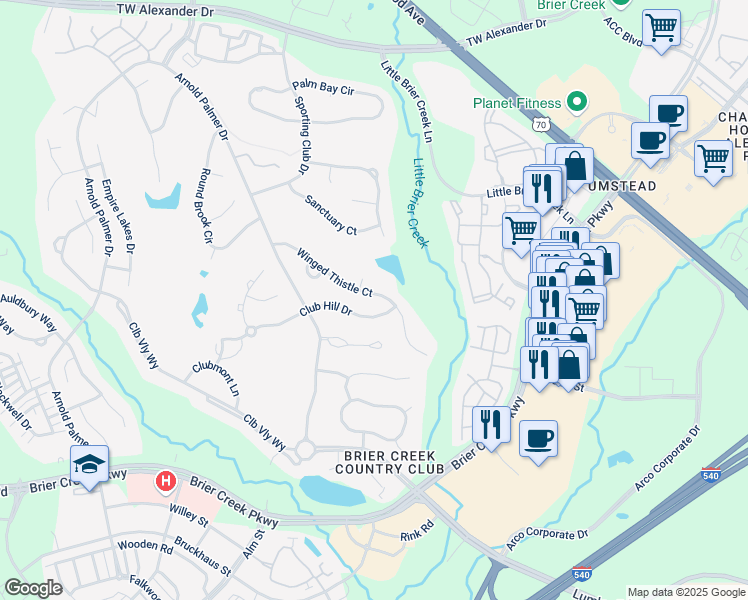 map of restaurants, bars, coffee shops, grocery stores, and more near 9001 Winged Thistle Court in Raleigh