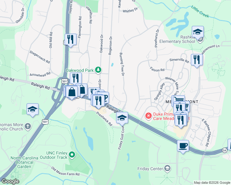map of restaurants, bars, coffee shops, grocery stores, and more near 806 Oak Tree Drive in Chapel Hill