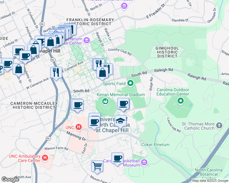 map of restaurants, bars, coffee shops, grocery stores, and more near in Chapel Hill