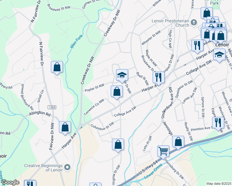 map of restaurants, bars, coffee shops, grocery stores, and more near 110-198 Virginia St NW in Lenoir