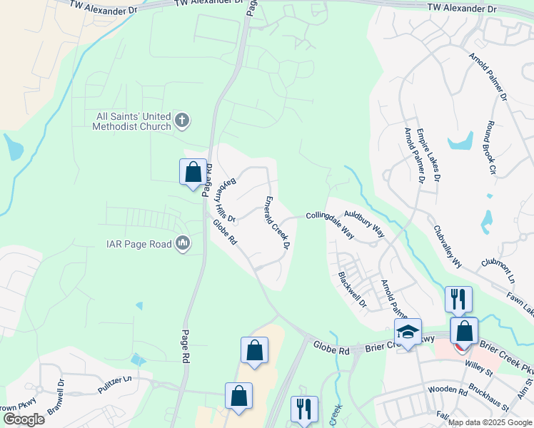 map of restaurants, bars, coffee shops, grocery stores, and more near 11213 Emerald Creek Drive in Raleigh