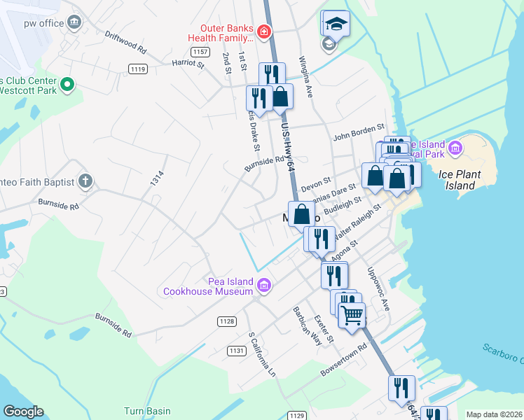 map of restaurants, bars, coffee shops, grocery stores, and more near 505 Dora Drive in Manteo