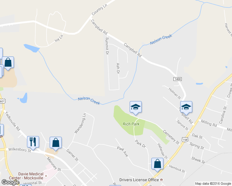 map of restaurants, bars, coffee shops, grocery stores, and more near 120 Sweetgum Drive in Mocksville