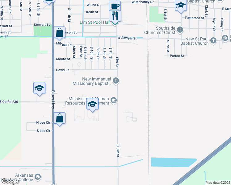 map of restaurants, bars, coffee shops, grocery stores, and more near 1433 South Elm Street in Blytheville