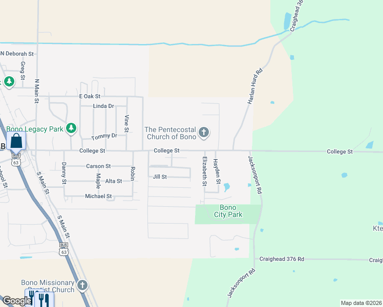 map of restaurants, bars, coffee shops, grocery stores, and more near 514 Jason Circle in Bono