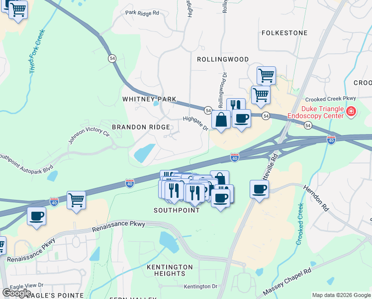 map of restaurants, bars, coffee shops, grocery stores, and more near 801 Harrier Court in Durham