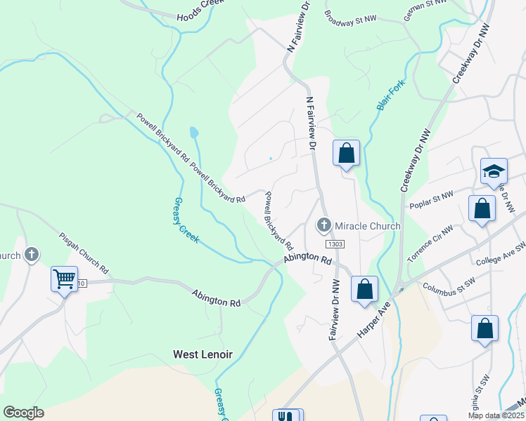 map of restaurants, bars, coffee shops, grocery stores, and more near 2199 Powell Brickyard Road in Lenoir