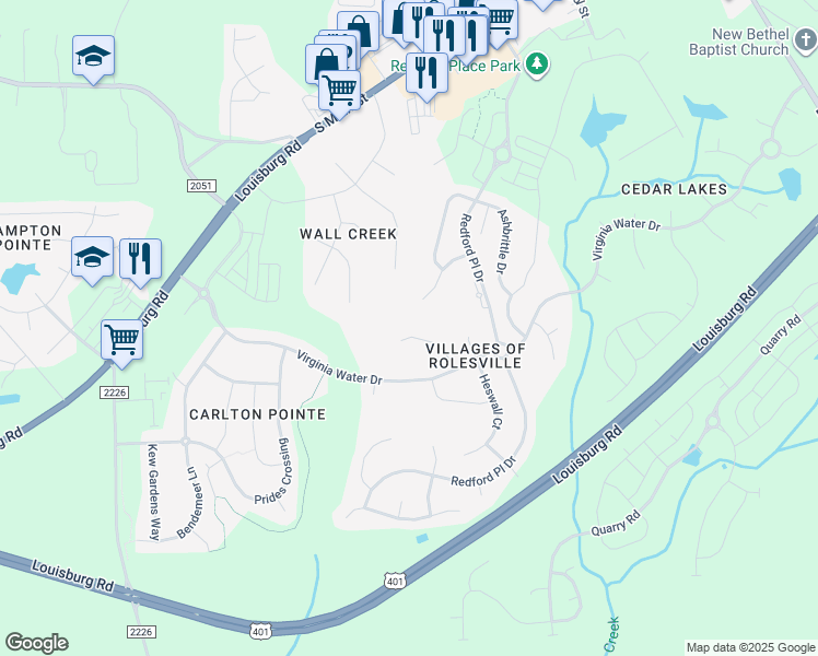 map of restaurants, bars, coffee shops, grocery stores, and more near 397 Peaslake Court in Rolesville