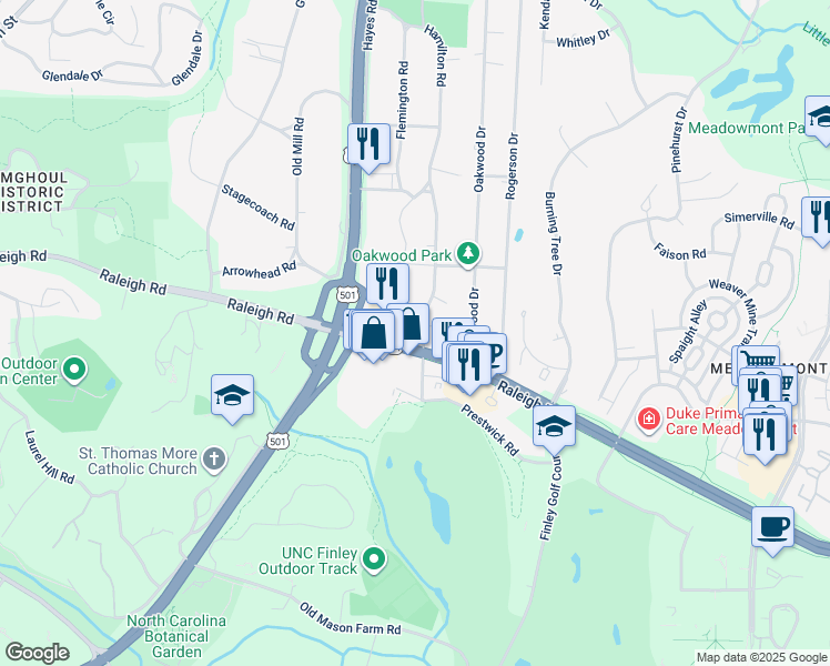 map of restaurants, bars, coffee shops, grocery stores, and more near 5 Hamilton Road in Chapel Hill