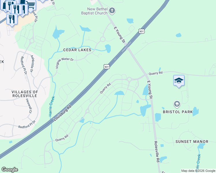 map of restaurants, bars, coffee shops, grocery stores, and more near in Rolesville