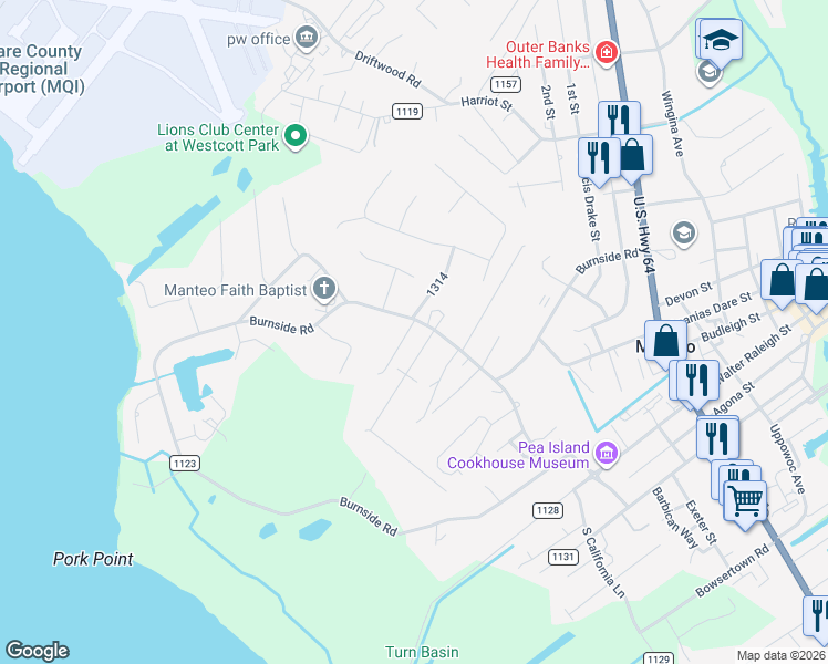 map of restaurants, bars, coffee shops, grocery stores, and more near 998 Burnside Rd in Manteo