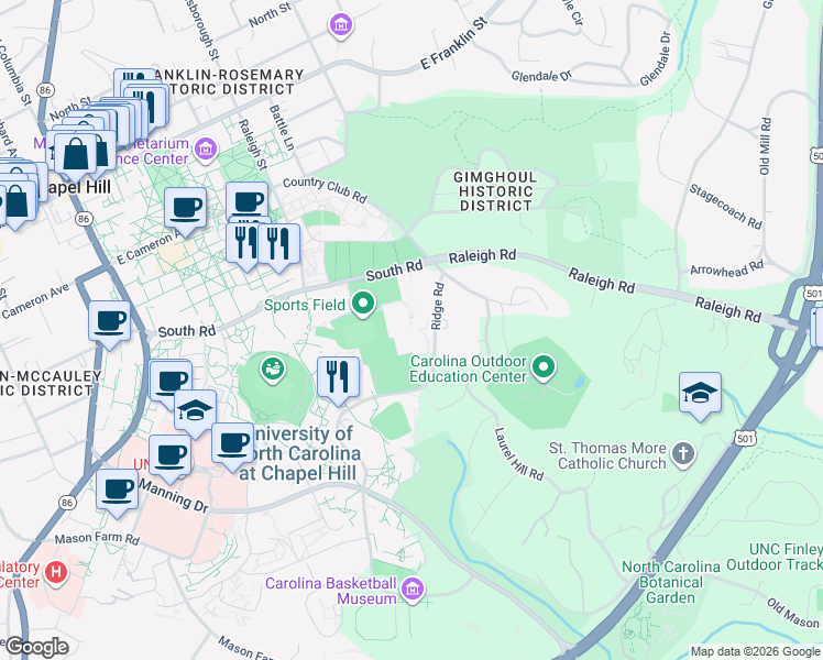 map of restaurants, bars, coffee shops, grocery stores, and more near 160 Ridge Road in Chapel Hill