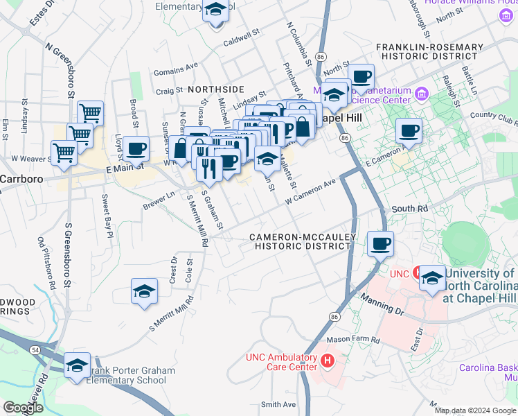 map of restaurants, bars, coffee shops, grocery stores, and more near 428 West Cameron Avenue in Chapel Hill