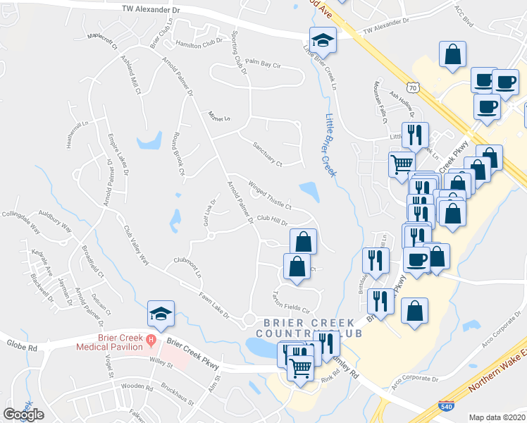 map of restaurants, bars, coffee shops, grocery stores, and more near 9216 Club Hill Drive in Raleigh
