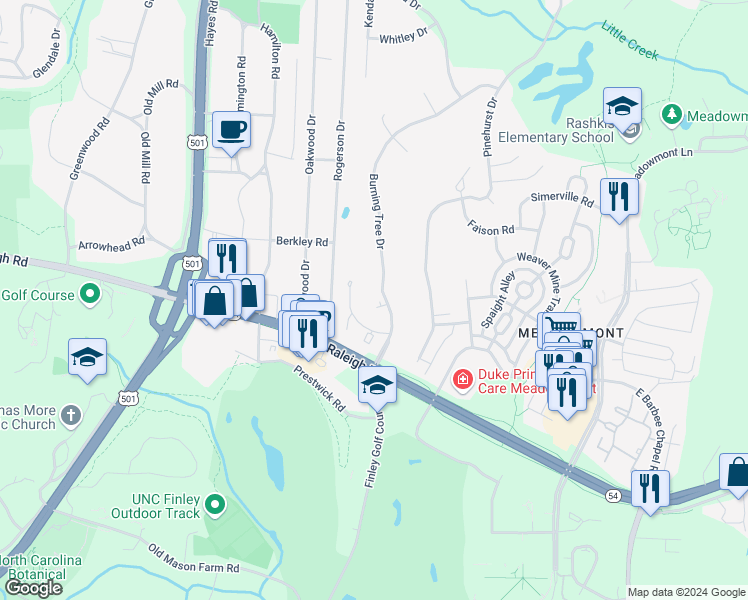 map of restaurants, bars, coffee shops, grocery stores, and more near 1703 Oak Tree Drive in Chapel Hill