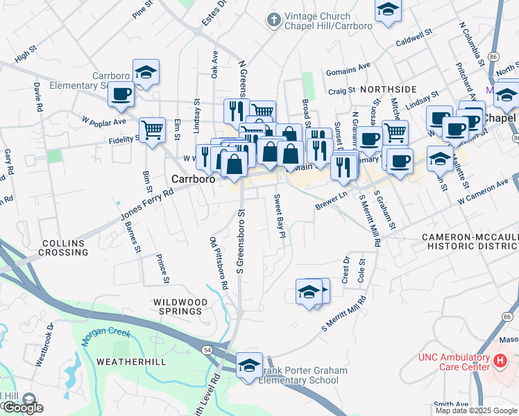 map of restaurants, bars, coffee shops, grocery stores, and more near 204 Maple Avenue in Carrboro