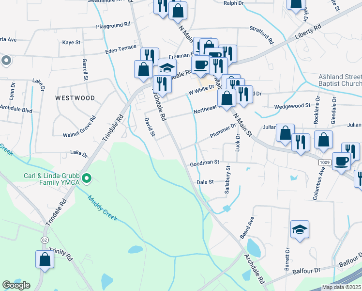 map of restaurants, bars, coffee shops, grocery stores, and more near 215 Plummer Drive in Archdale