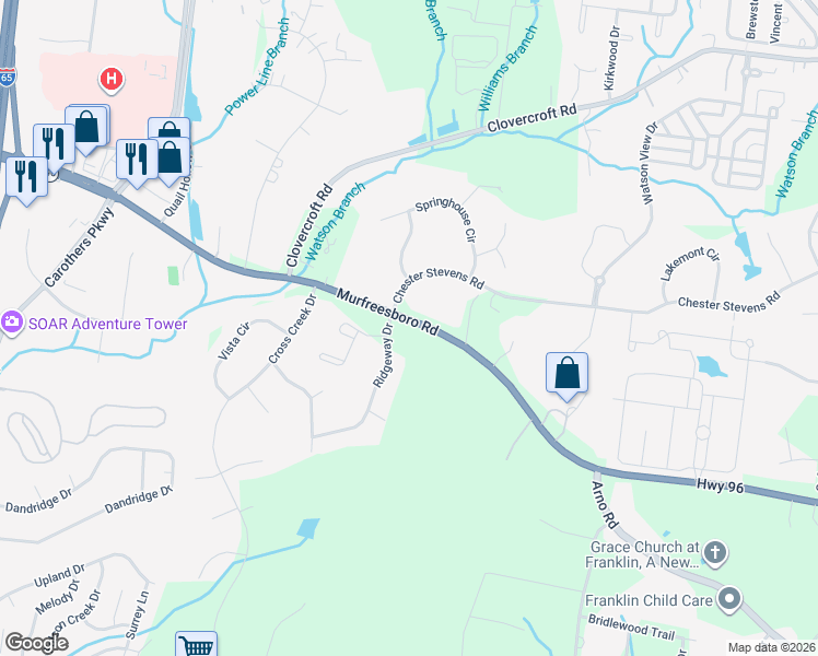 map of restaurants, bars, coffee shops, grocery stores, and more near 1101 Ridgeway Drive in Franklin