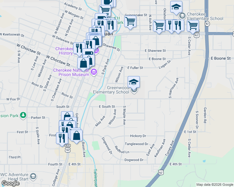 map of restaurants, bars, coffee shops, grocery stores, and more near 406 Patti Circle in Tahlequah