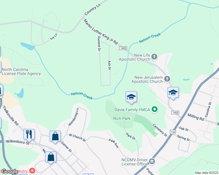 map of restaurants, bars, coffee shops, grocery stores, and more near 128 Sweetgum Drive in Mocksville