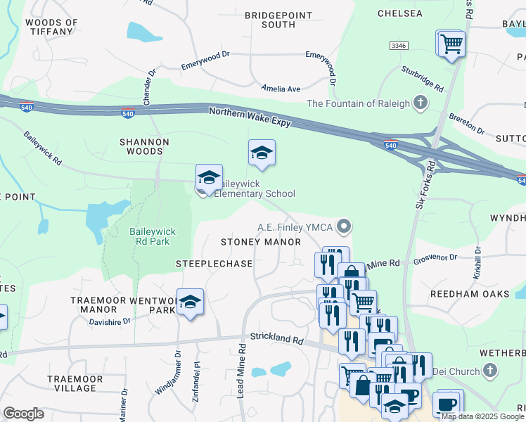 map of restaurants, bars, coffee shops, grocery stores, and more near 9321 Baileywick Road in Raleigh