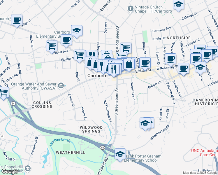 map of restaurants, bars, coffee shops, grocery stores, and more near 107 West Carr Street in Carrboro