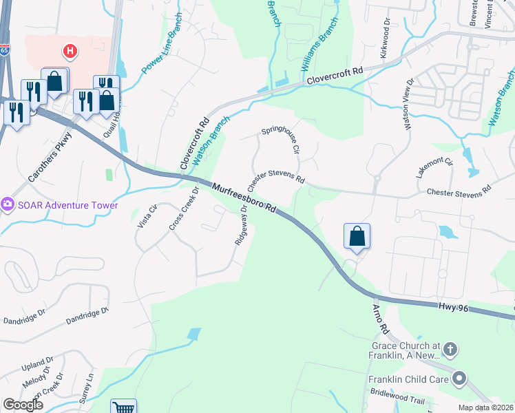 map of restaurants, bars, coffee shops, grocery stores, and more near 1101 Ridgeway Drive in Franklin