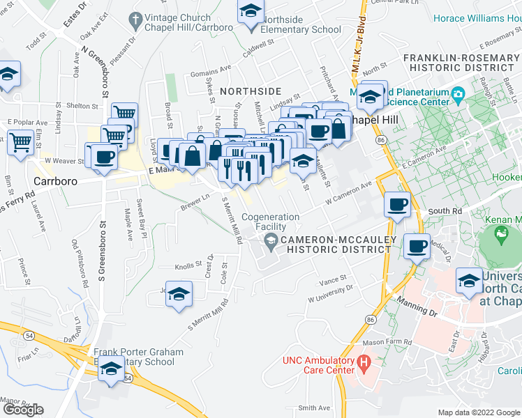 map of restaurants, bars, coffee shops, grocery stores, and more near 120 South Roberson Street in Chapel Hill