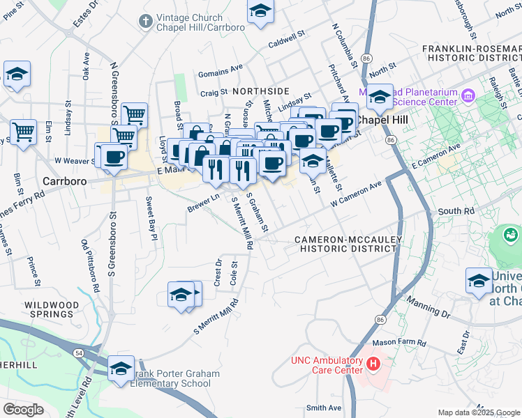 map of restaurants, bars, coffee shops, grocery stores, and more near 115 South Graham Street in Chapel Hill