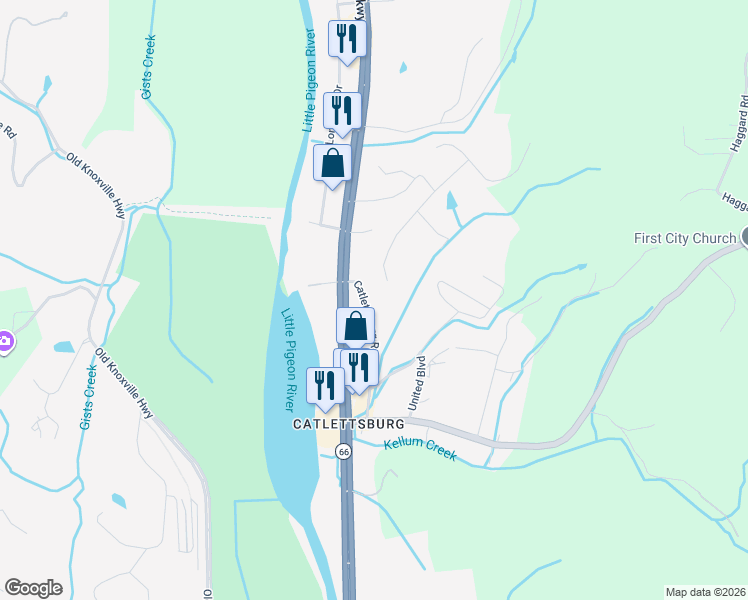 map of restaurants, bars, coffee shops, grocery stores, and more near 1483 Catlettsburg Road in Sevierville