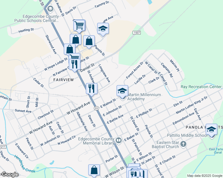 map of restaurants, bars, coffee shops, grocery stores, and more near 1503 Saint Andrew Street in Tarboro