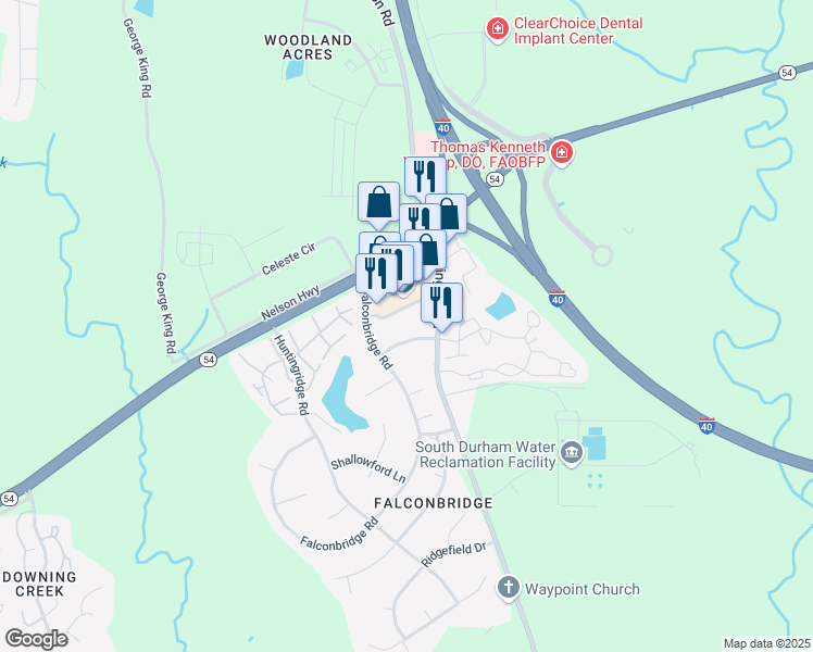 map of restaurants, bars, coffee shops, grocery stores, and more near 2220 Farmington Drive in Chapel Hill